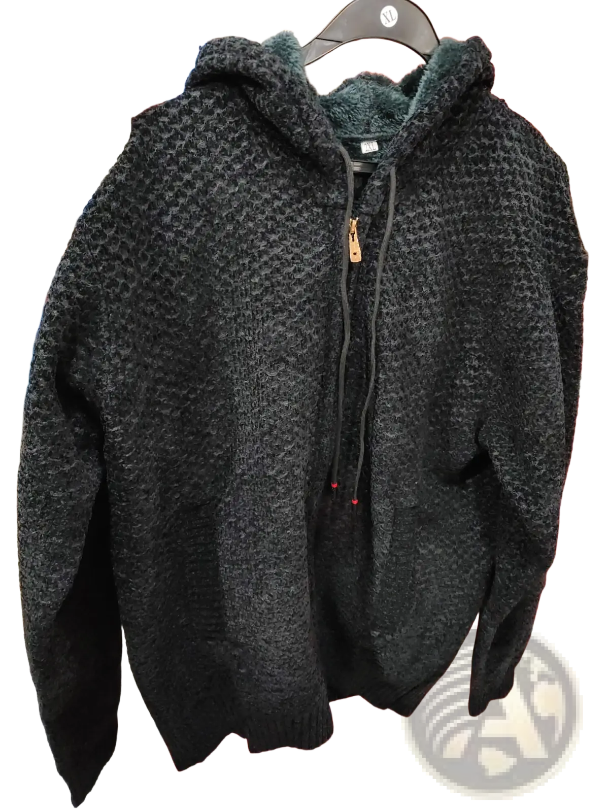 Men’s black textured knit fleece lined zip up hoodie with fuzzy interior lining and drawstring hood for cold weather