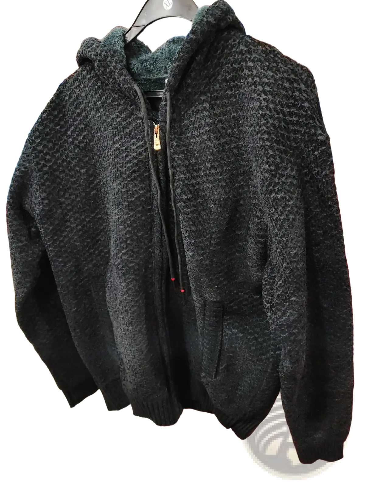 Men’s black fleece lined zip up hooded sweater with textured knit fabric, zipper front, and drawstring hood