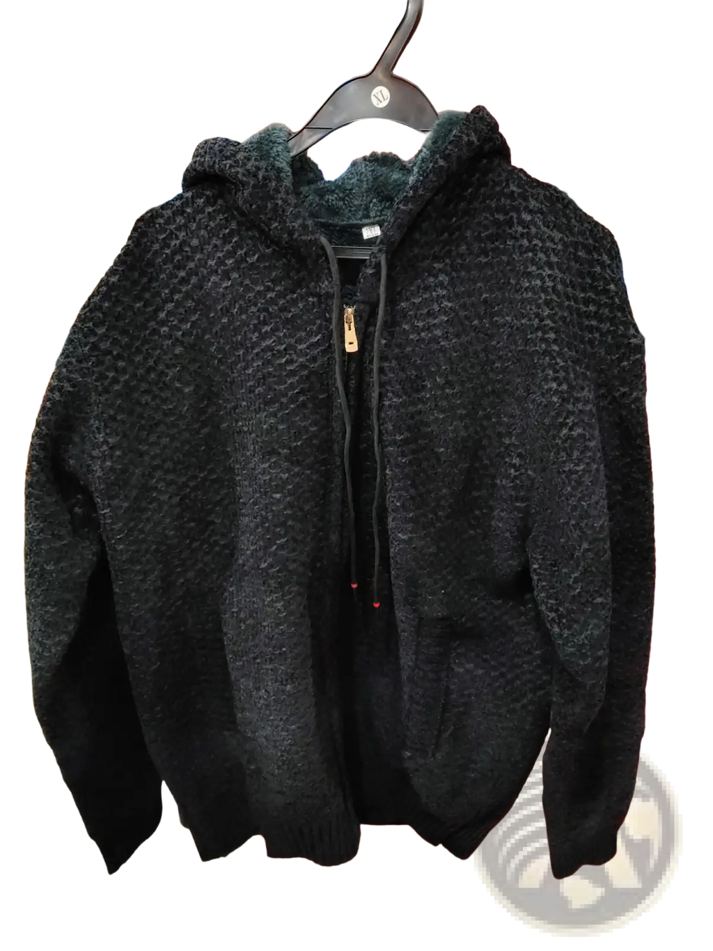 Men’s black fleece lined zip up textured knit hoodie with zipper front and drawstring hood for added warmth