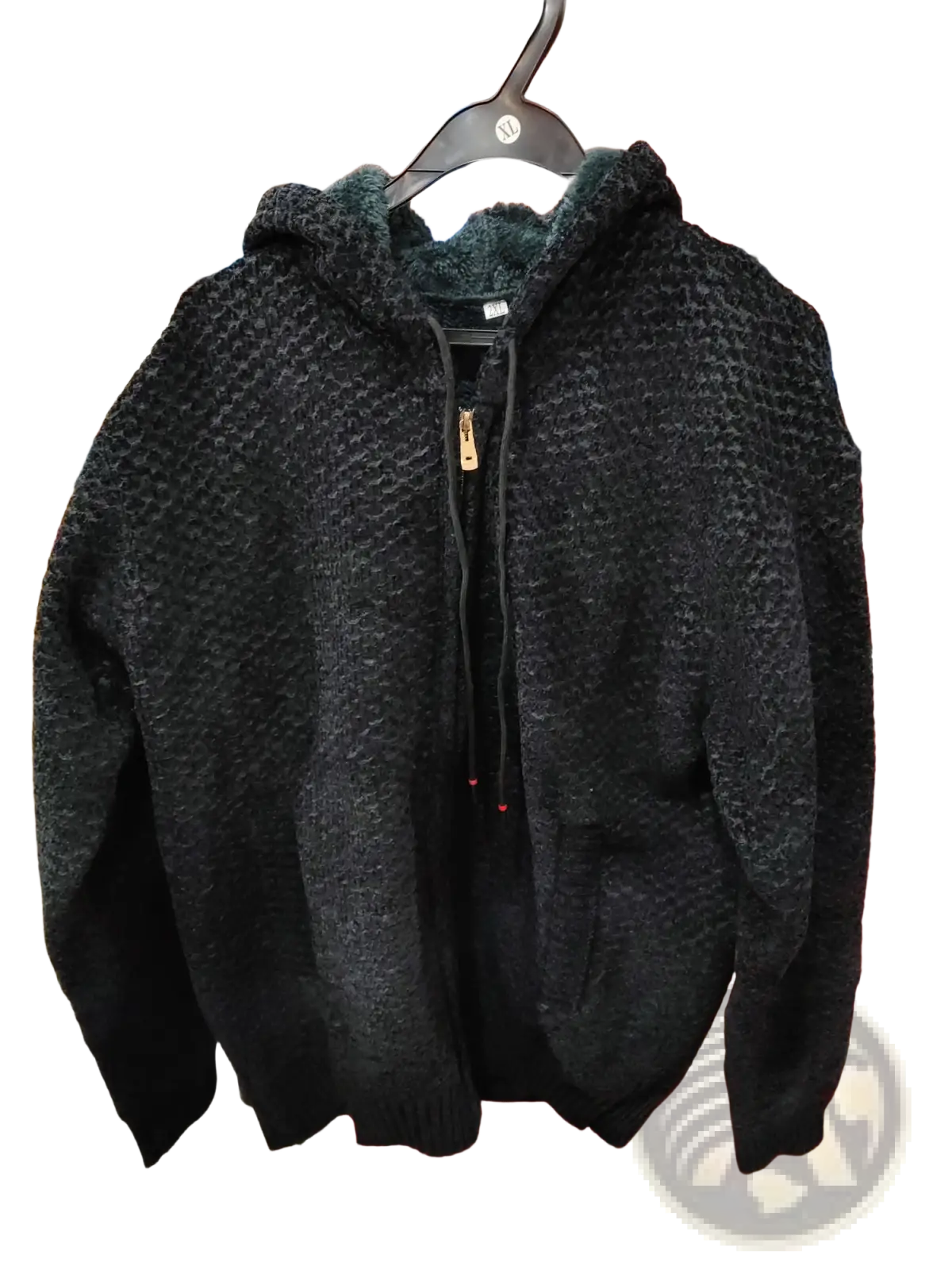 Men’s black fleece lined zip up textured knit hoodie with zipper front and drawstring hood for added warmth