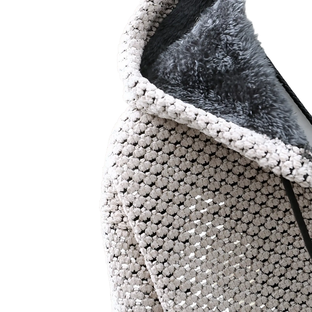 Men’s fleece lined zip up hooded sweater in gray knit with plush fuzzy lining and white ribbed trim