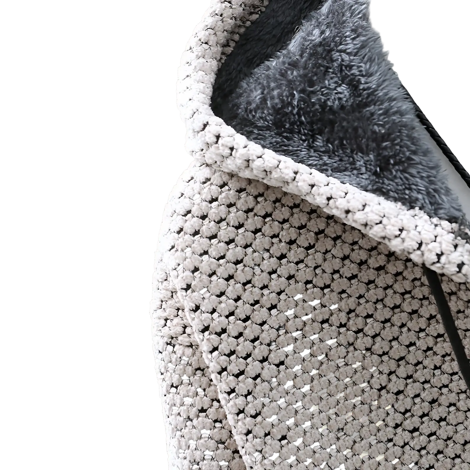 Men’s fleece lined zip up hooded sweater in gray knit with plush fuzzy lining and white ribbed trim