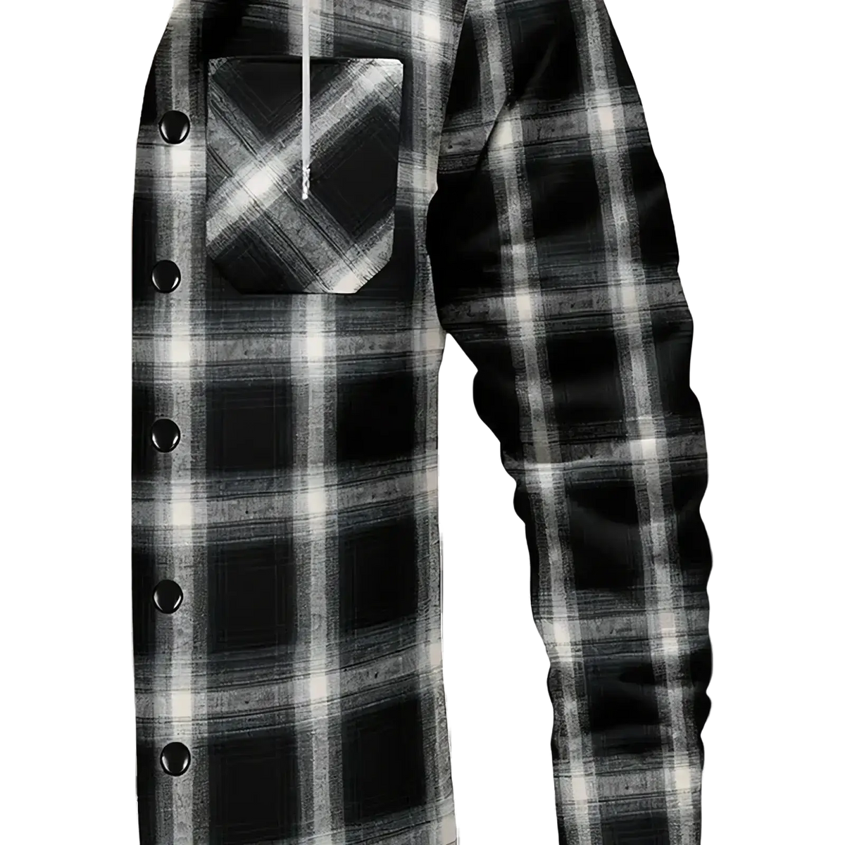 Men’s black and white plaid fleece hooded y2k jacket with front button closure and y2k style design