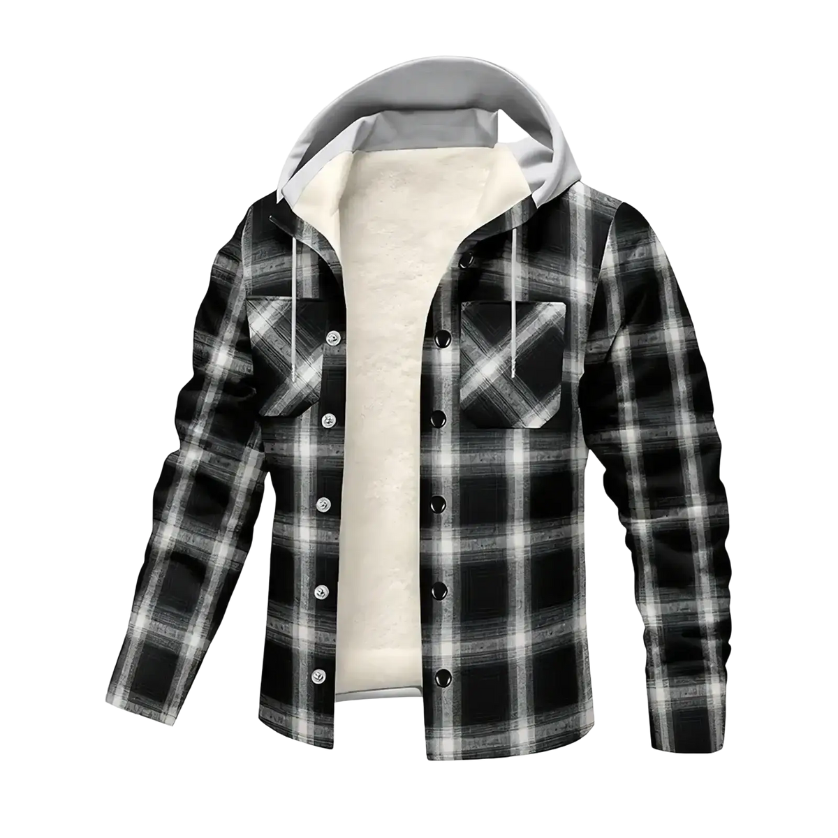 Men’s black and white plaid hooded y2k jacket with cream fleece lining for stylish warmth and comfort