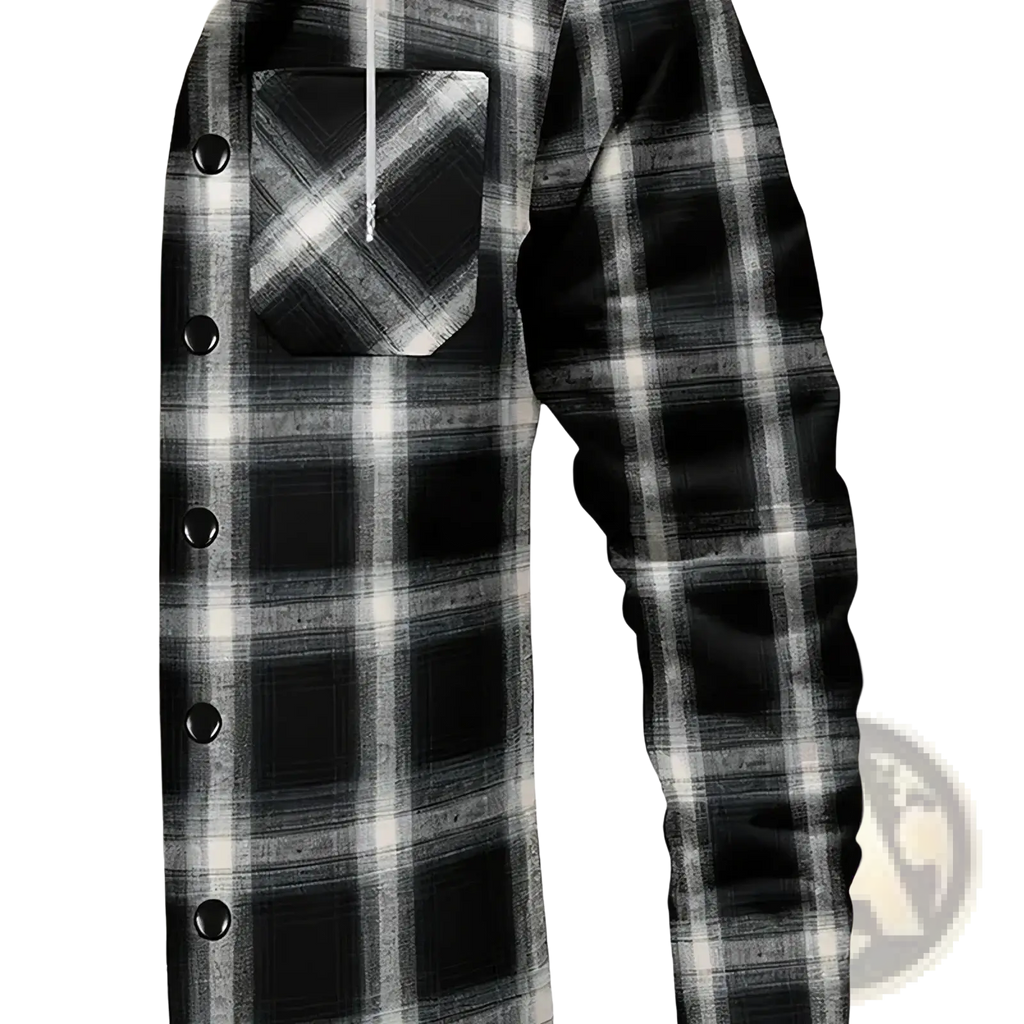 Men’s fleece plaid hooded y2k jacket in black and white plaid flannel with front button closure