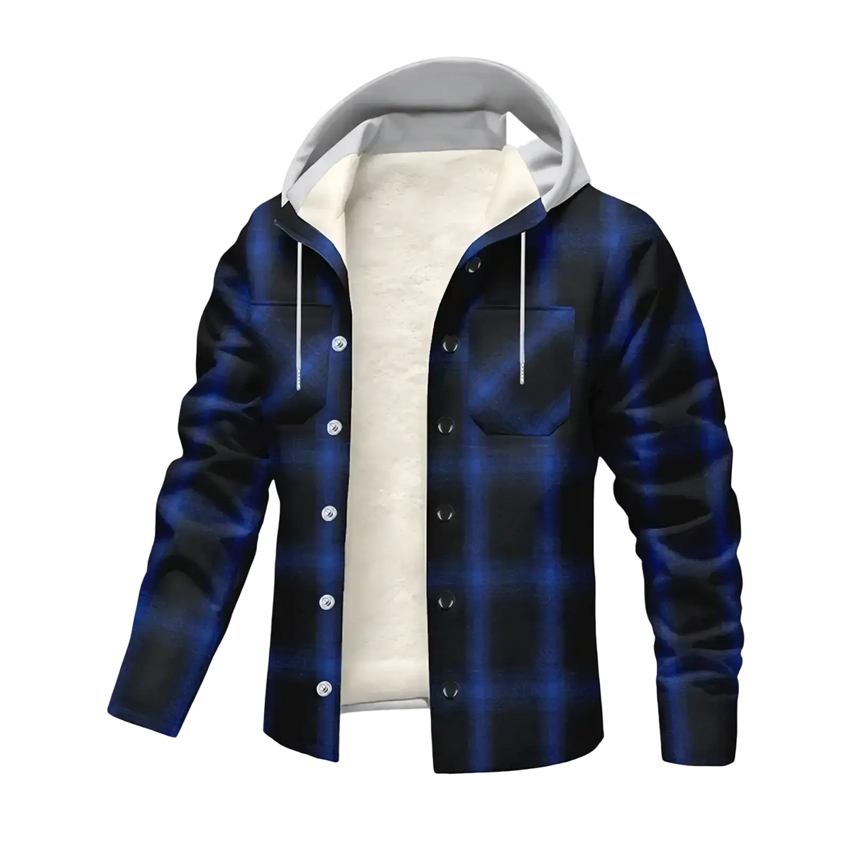 Men’s fleece plaid hooded y2k jacket in blue and black with white fleece lining for warmth and style