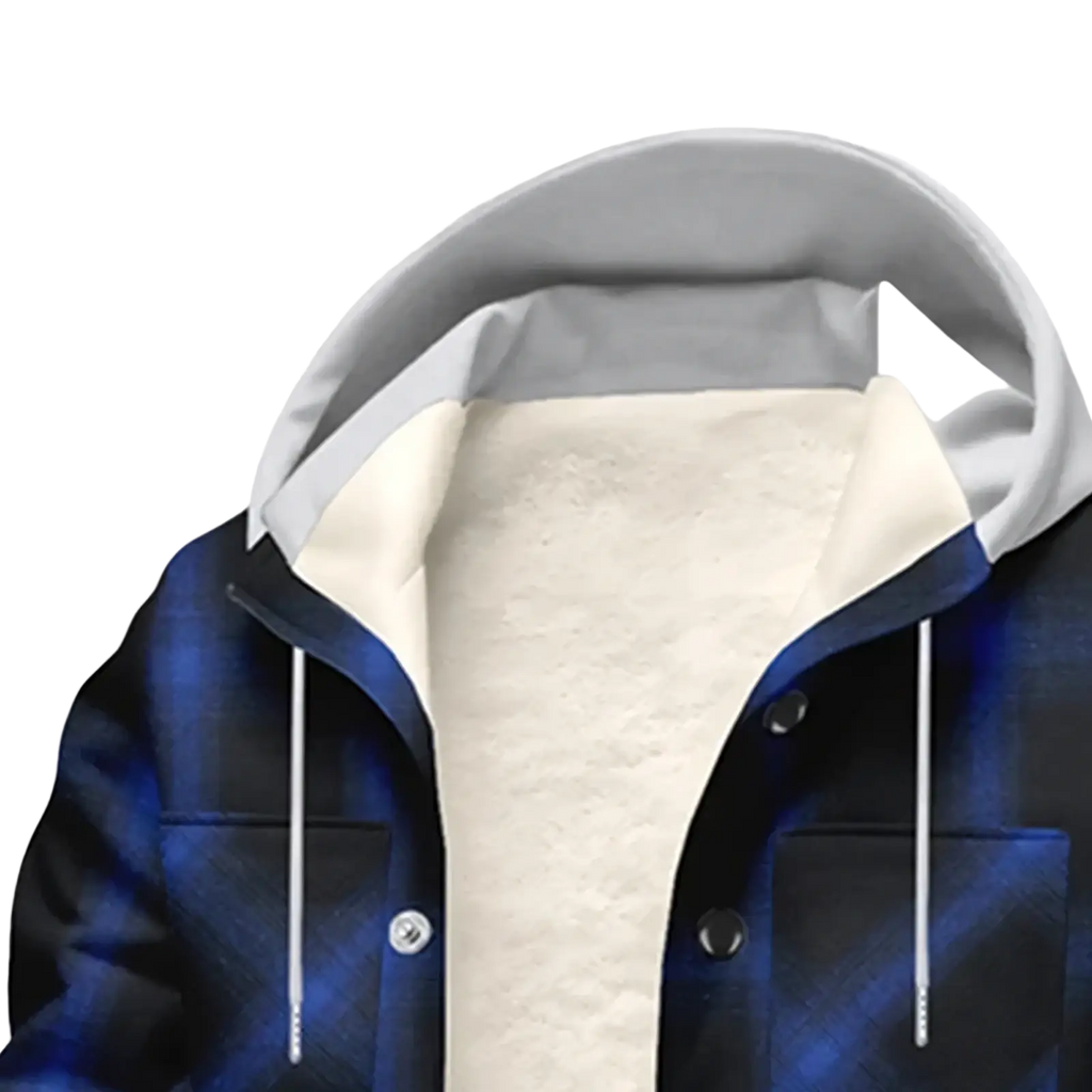 Men’s fleece plaid hooded y2k jacket in blue with gray-lined hood and cream-colored fleece interior