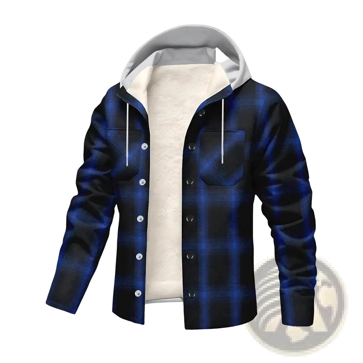 Men’s fleece plaid hooded y2k jacket in blue and black with white fleece interior for warmth and style