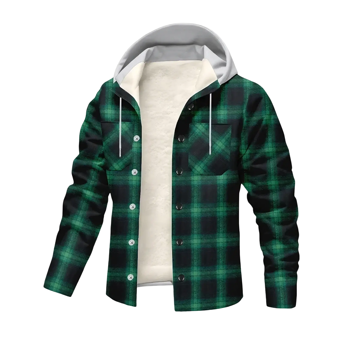 Men’s fleece plaid hooded y2k jacket in green and black with fleece-lined interior for warmth and style