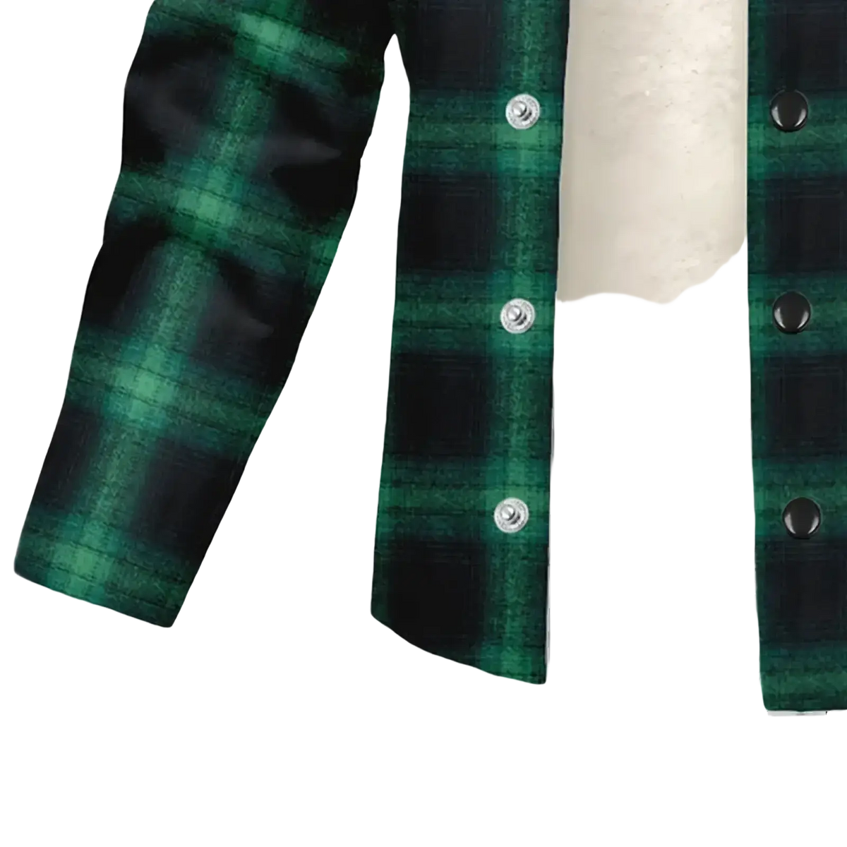 Men’s fleece plaid hooded y2k jacket in green and black flannel with silver buttons for stylish warmth