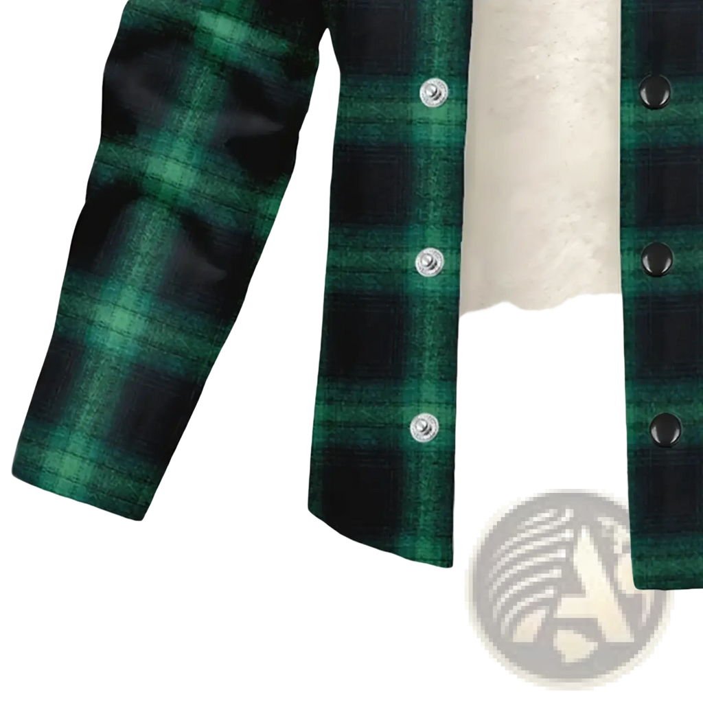 Men’s fleece plaid hooded y2k jacket in green and black with plush white interior lining made of flannel material