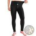 Men’s black fleece thermal underwear pants with form-fitting design, snug waistband, and small blue brand tag on front