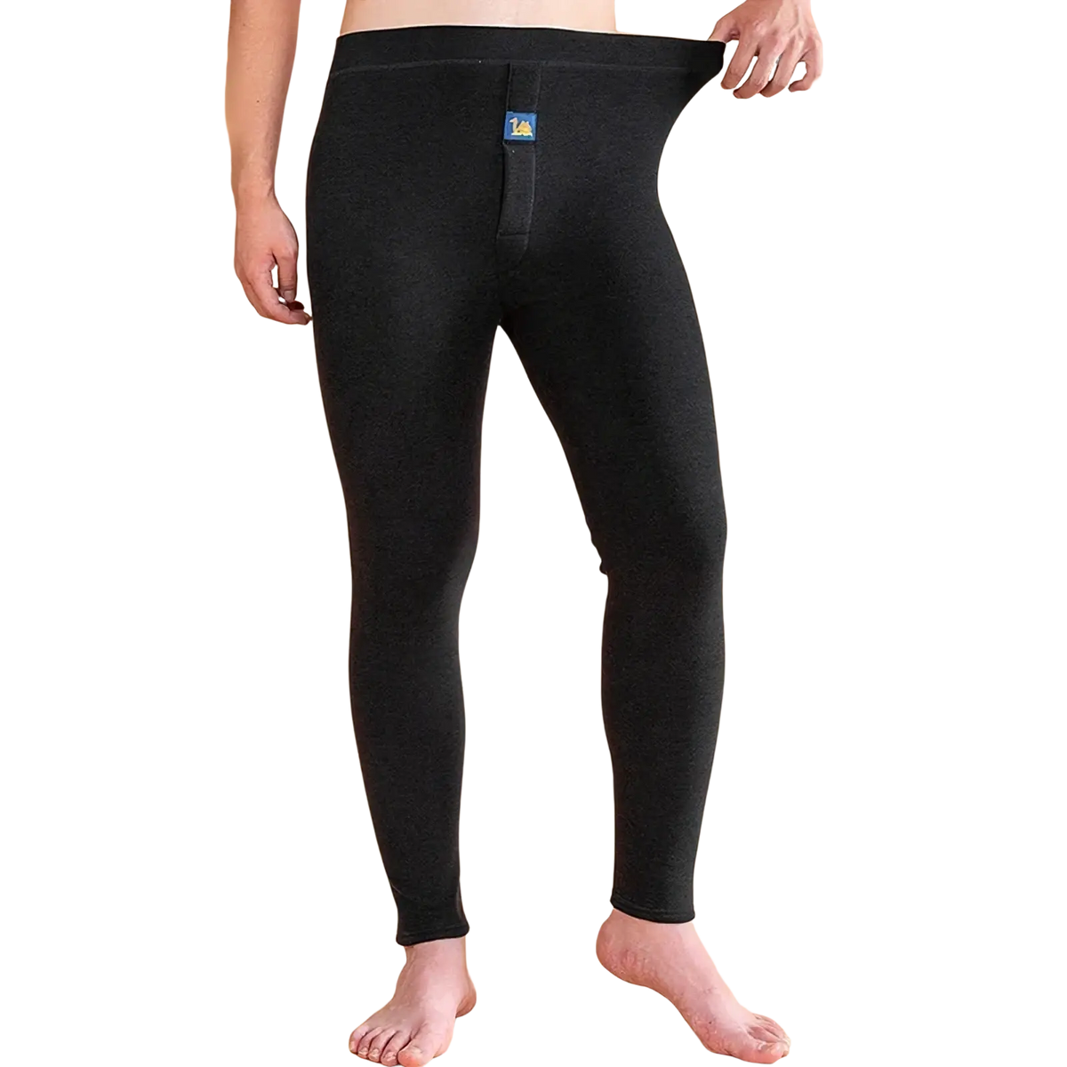 Men’s black fleece thermal underwear pants with form-fitting design, snug waistband, and small blue brand tag on front