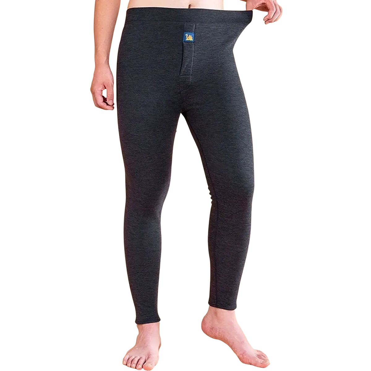 Men’s fleece thermal underwear pants in dark gray with form-fitting fit, heathered texture, and blue logo waistband