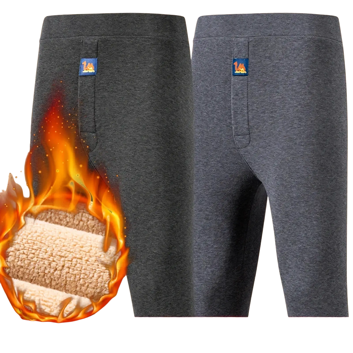 Men’s dark gray fleece thermal underwear pants with cozy textured inner lining and subtle waistband brand tags
