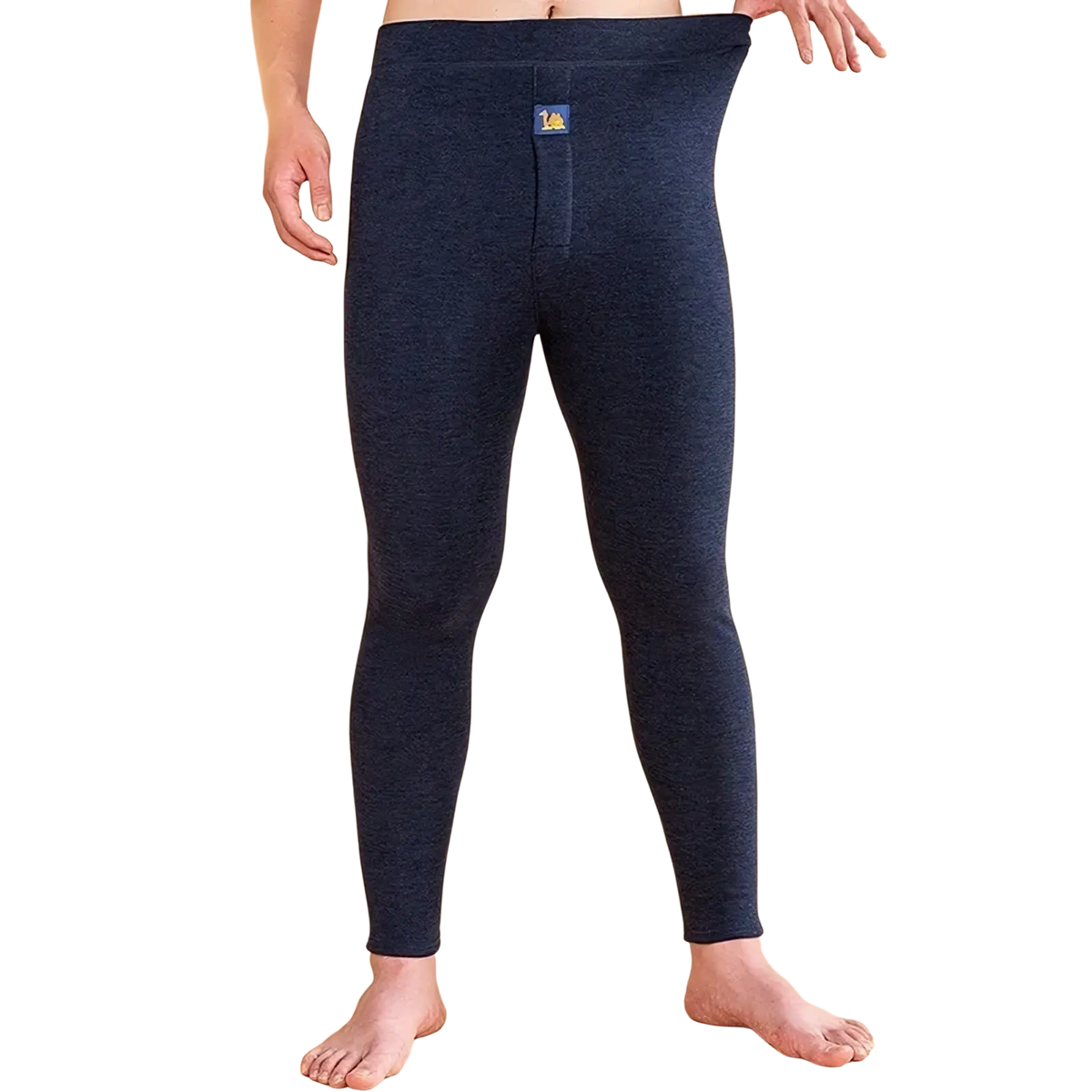 Dark heathered blue men’s fleece thermal underwear pants with a small logo patch on the waistband