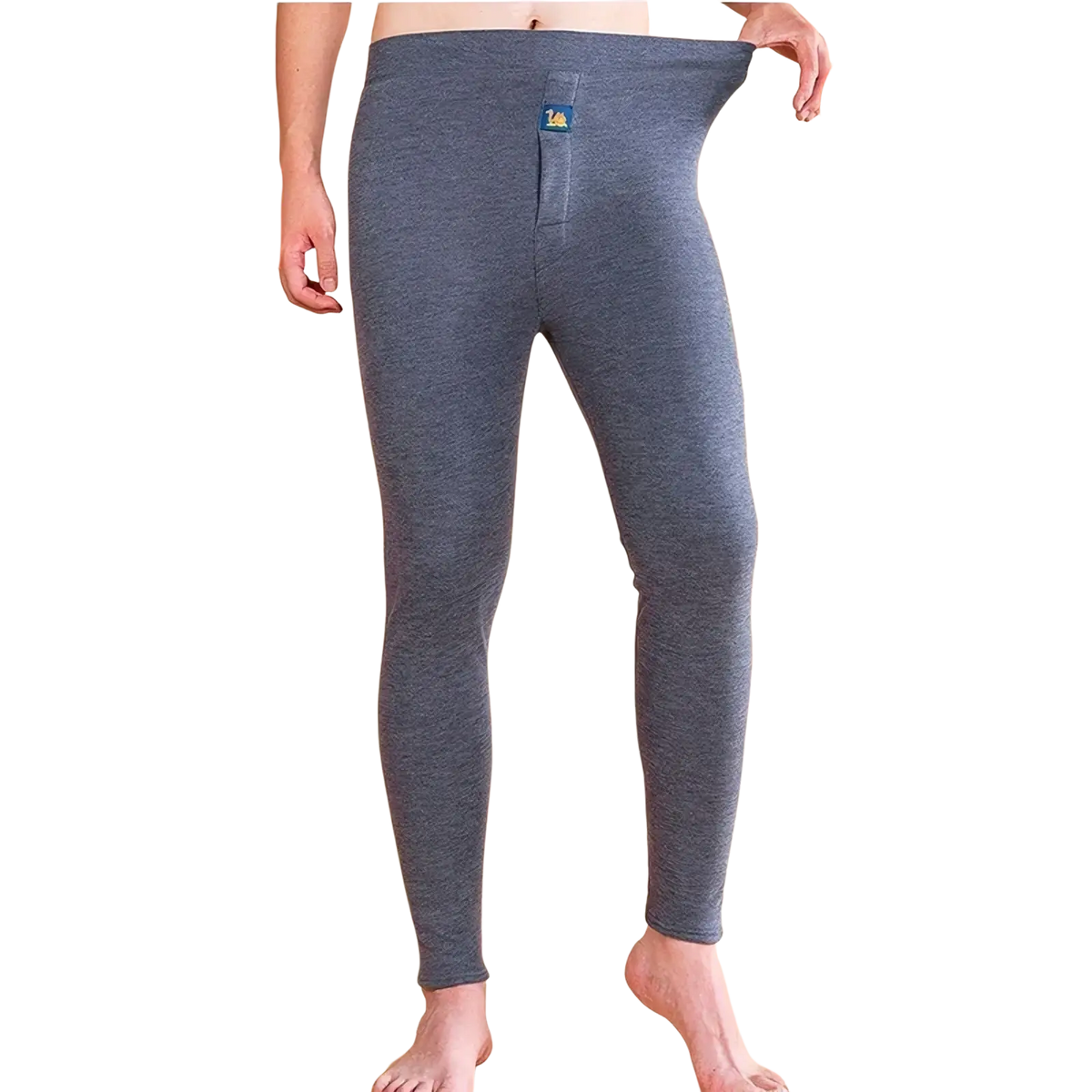Men’s fleece thermal underwear pants in light gray heathered fabric with a snug fit and blue brand tag at the waistband