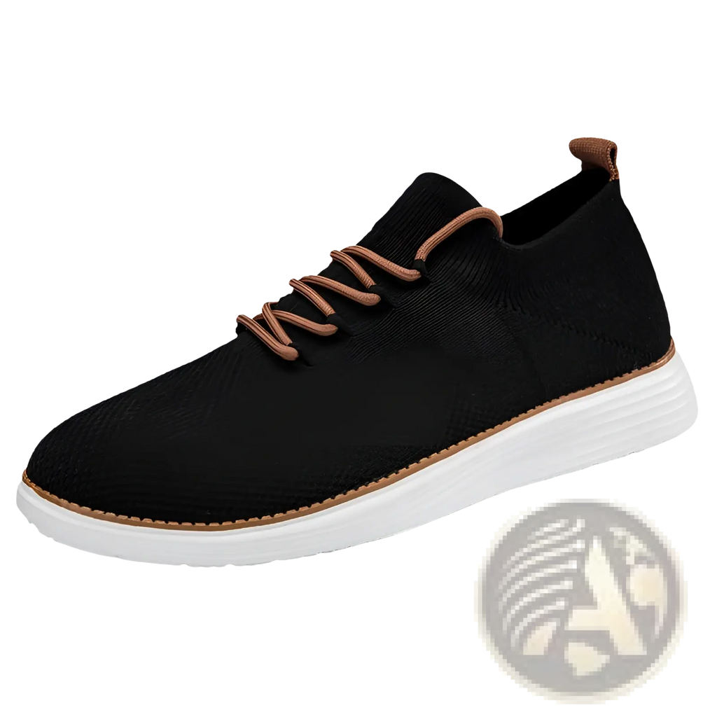 Men’s flyknit casual breathable lace up sneaker in black knit with brown laces and a white rubber sole