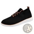 Men’s flyknit casual breathable lace up sneaker in black knit with brown laces and a white rubber sole