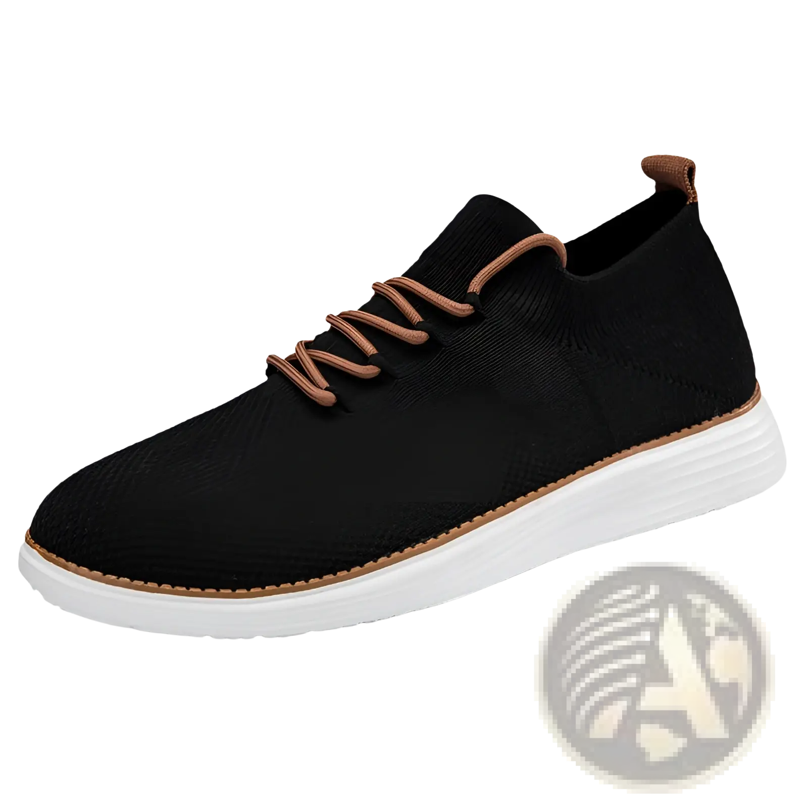 Men’s flyknit casual breathable lace up sneaker in black knit with brown laces and a white rubber sole