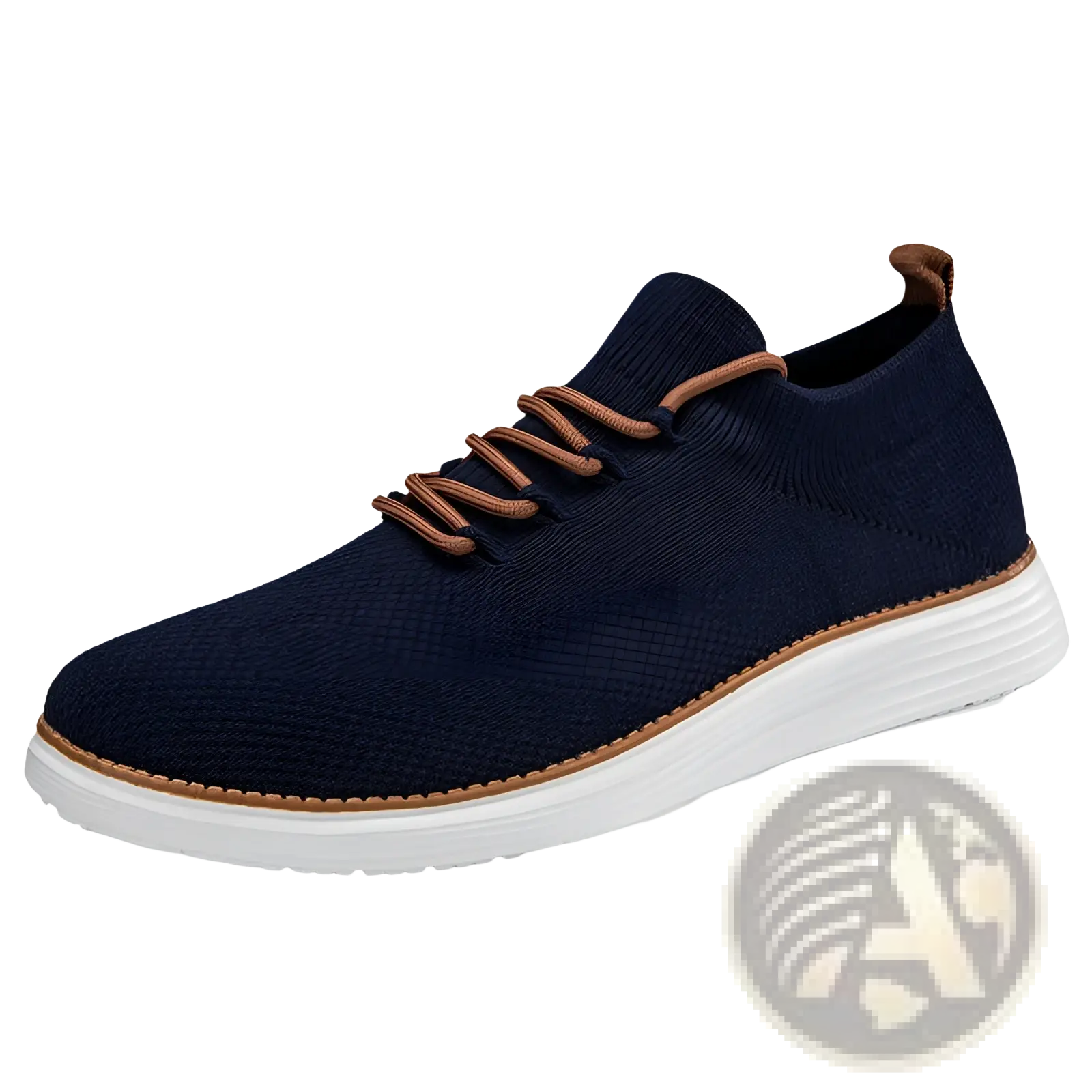 Men’s navy blue flyknit casual breathable lace up sneaker with brown laces and white rubber sole