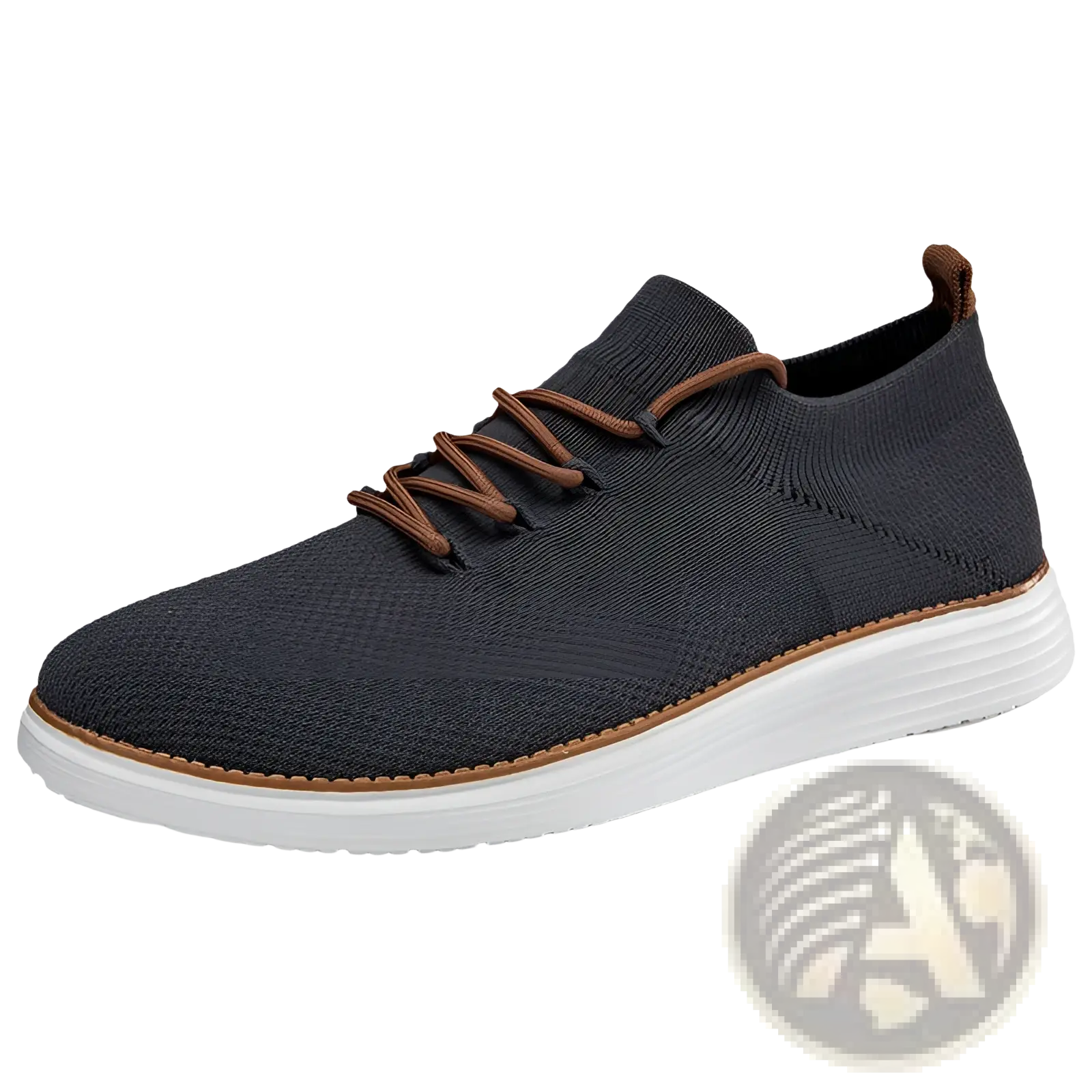 Men’s dark gray flyknit casual breathable lace up sneaker with brown laces and white rubber sole