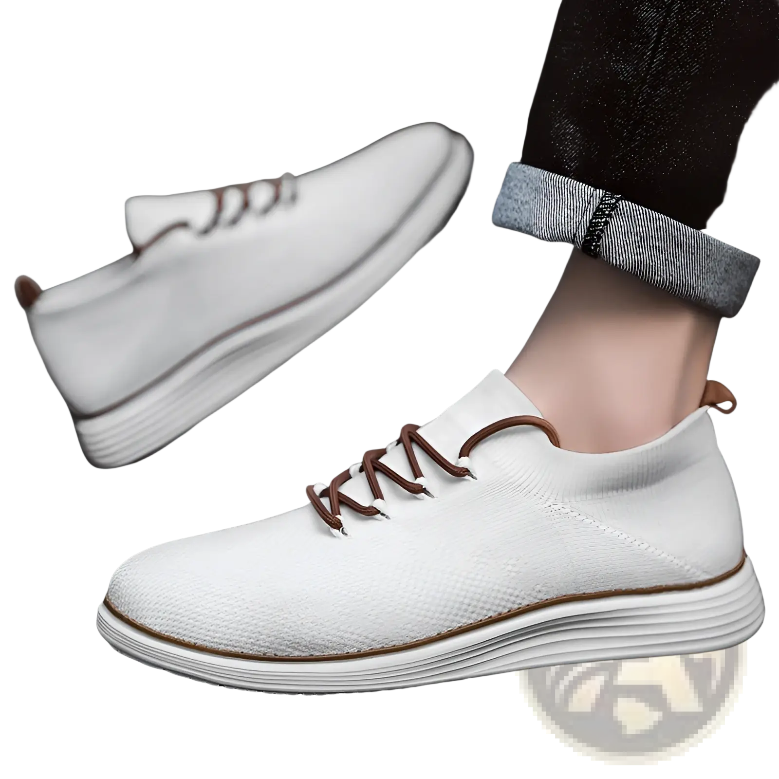 Men’s white flyknit casual sneaker with brown laces and layered rubber sole for breathable lace up comfort