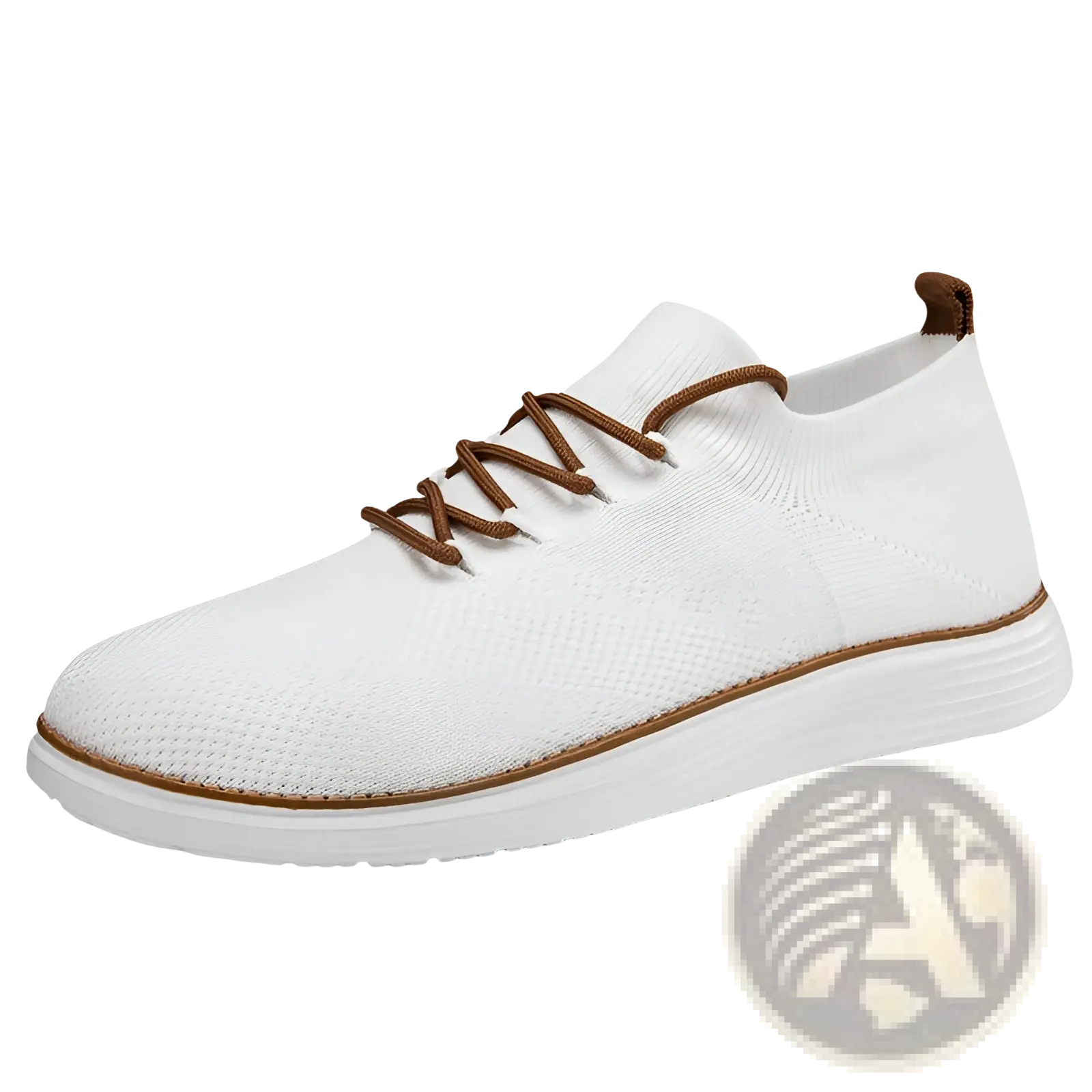 Men’s white flyknit casual breathable lace up sneaker with brown laces and brown sole accent