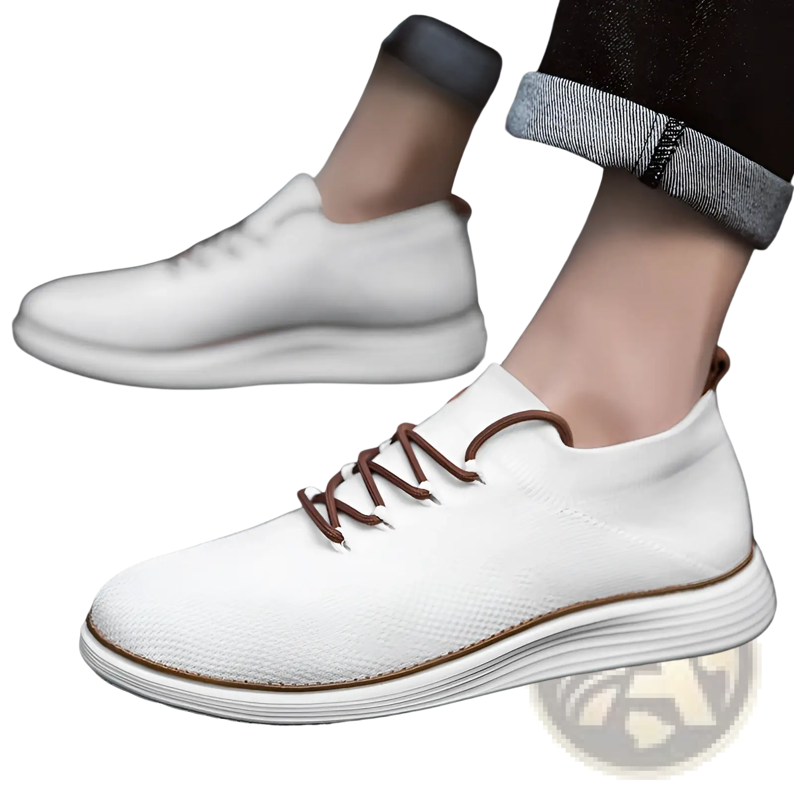 Men’s flyknit casual breathable lace up sneakers in white knit with brown laces and matching brown rubber sole