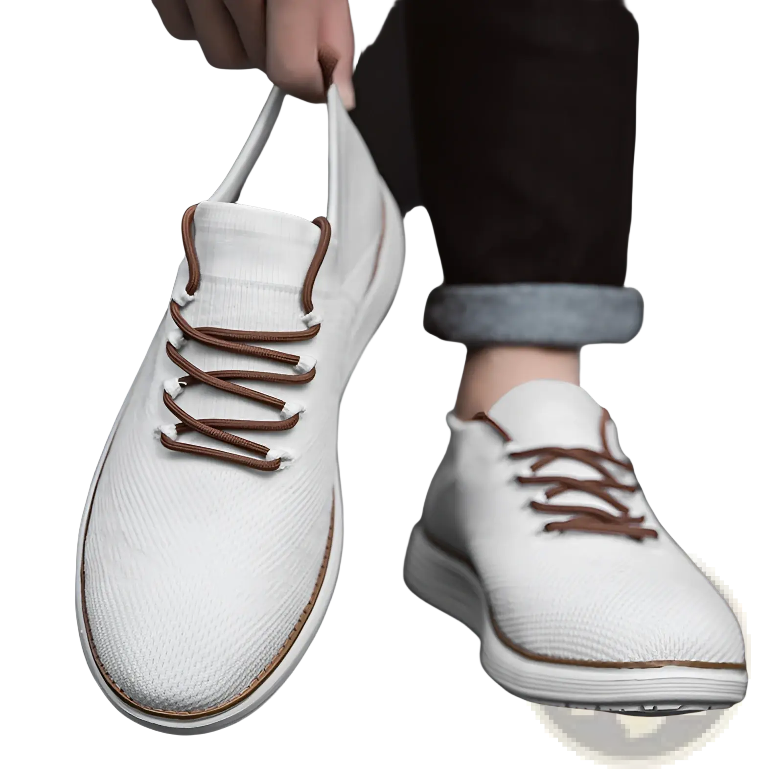 Men’s flyknit casual breathable lace up sneaker in white knit with brown laces and stitched trim along the sole