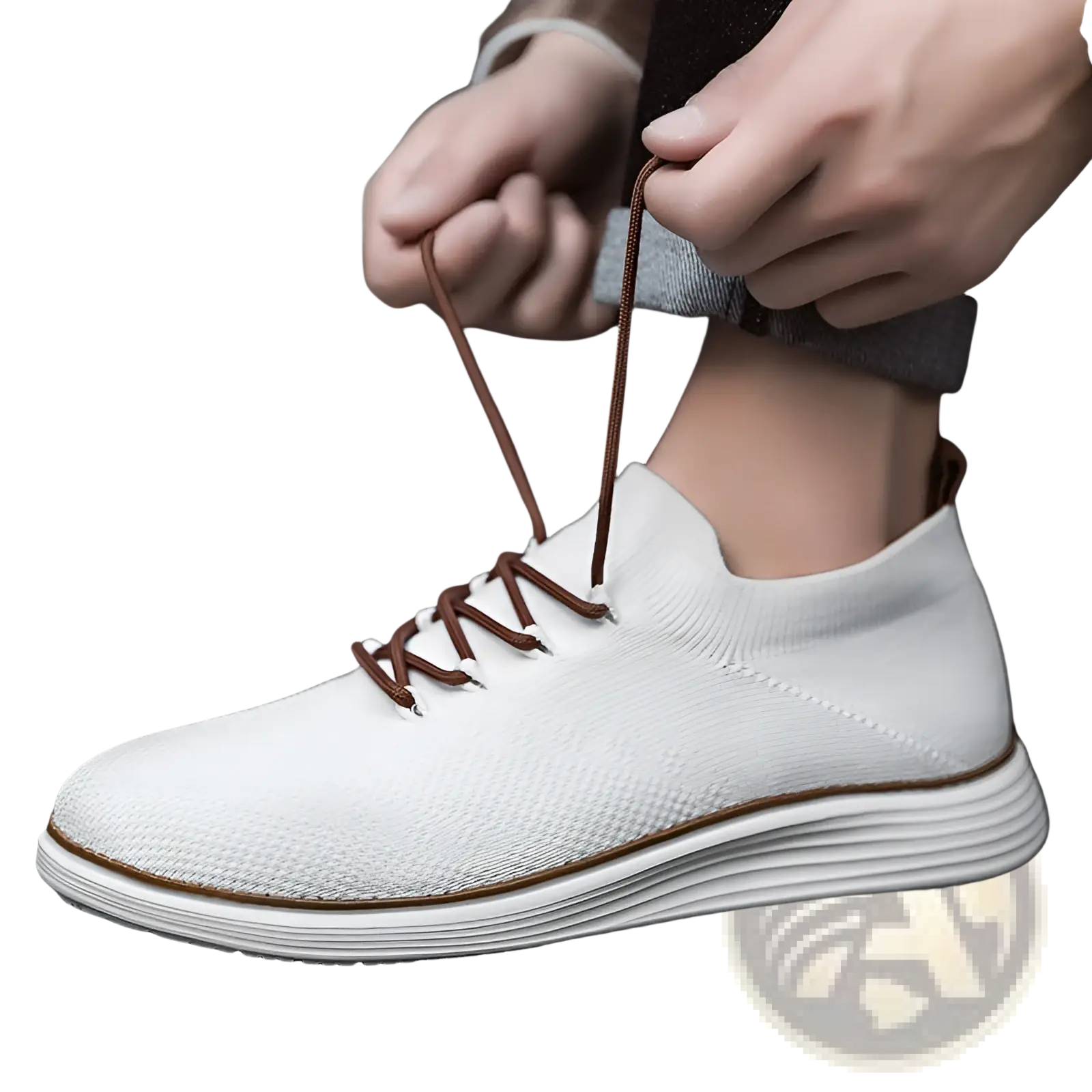 Men’s white flyknit casual sneaker with brown laces and layered sole designed for breathable comfort and style