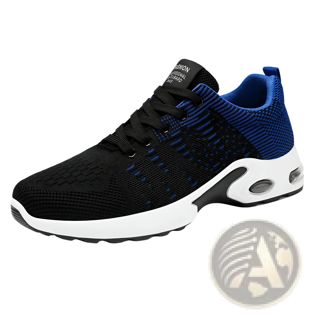 Men’s black and blue flyknit mesh air cushion casual sneakers with white midsole and visible heel air unit