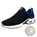 Men’s black and blue flyknit mesh air cushion casual sneakers with white midsole and visible heel air unit