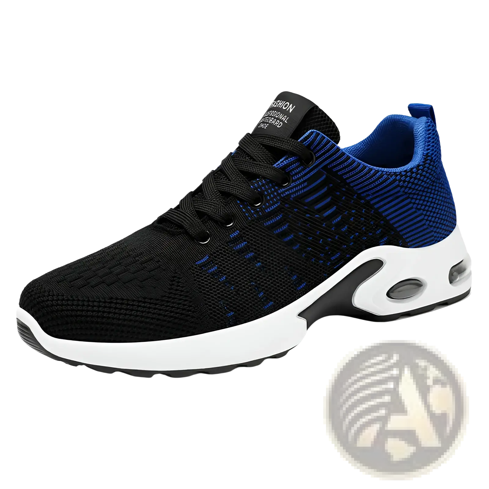 Men’s black and blue flyknit mesh air cushion casual sneakers with white midsole and visible heel air unit