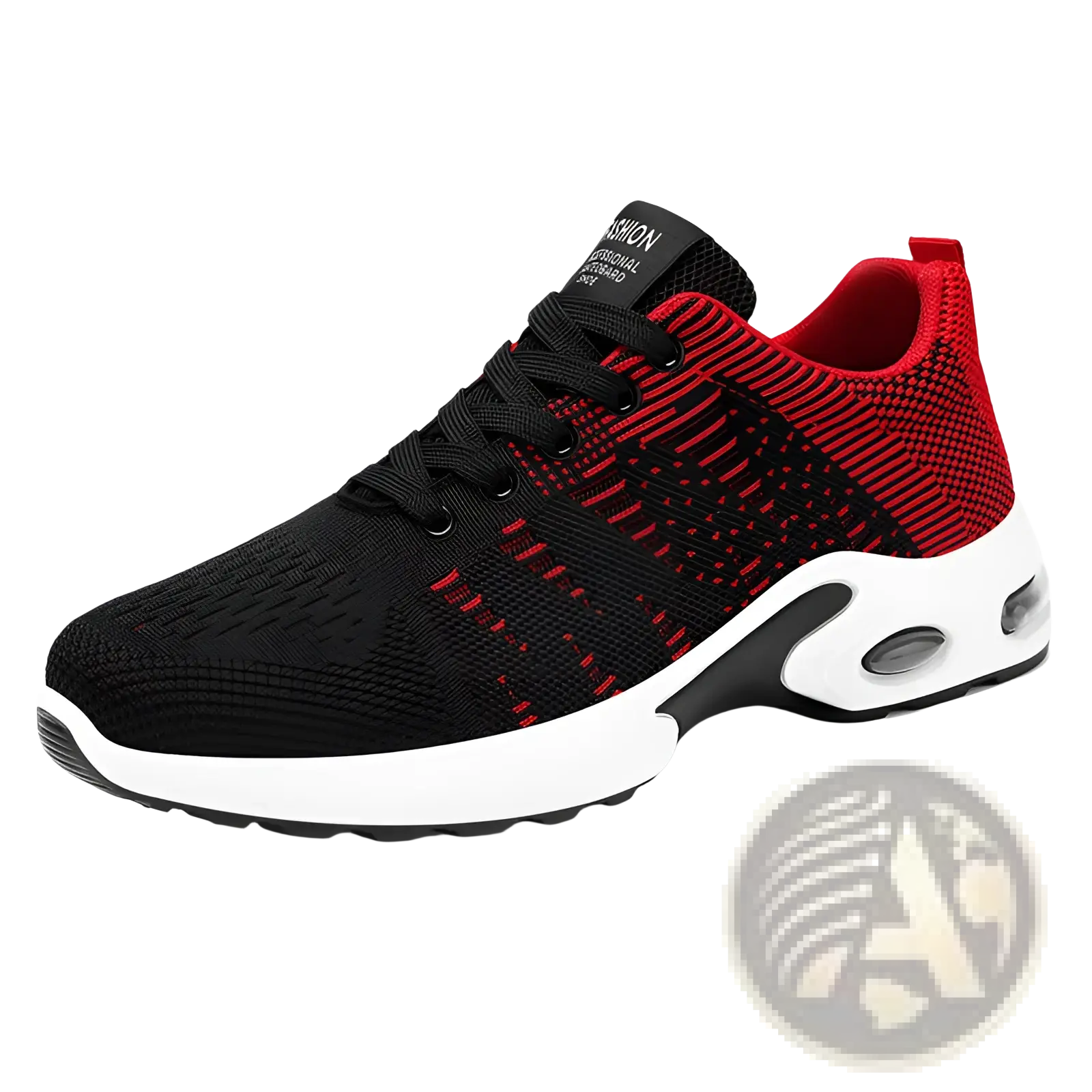 Men’s flyknit mesh air cushion casual sneaker in black and red with white midsole and visible heel air unit