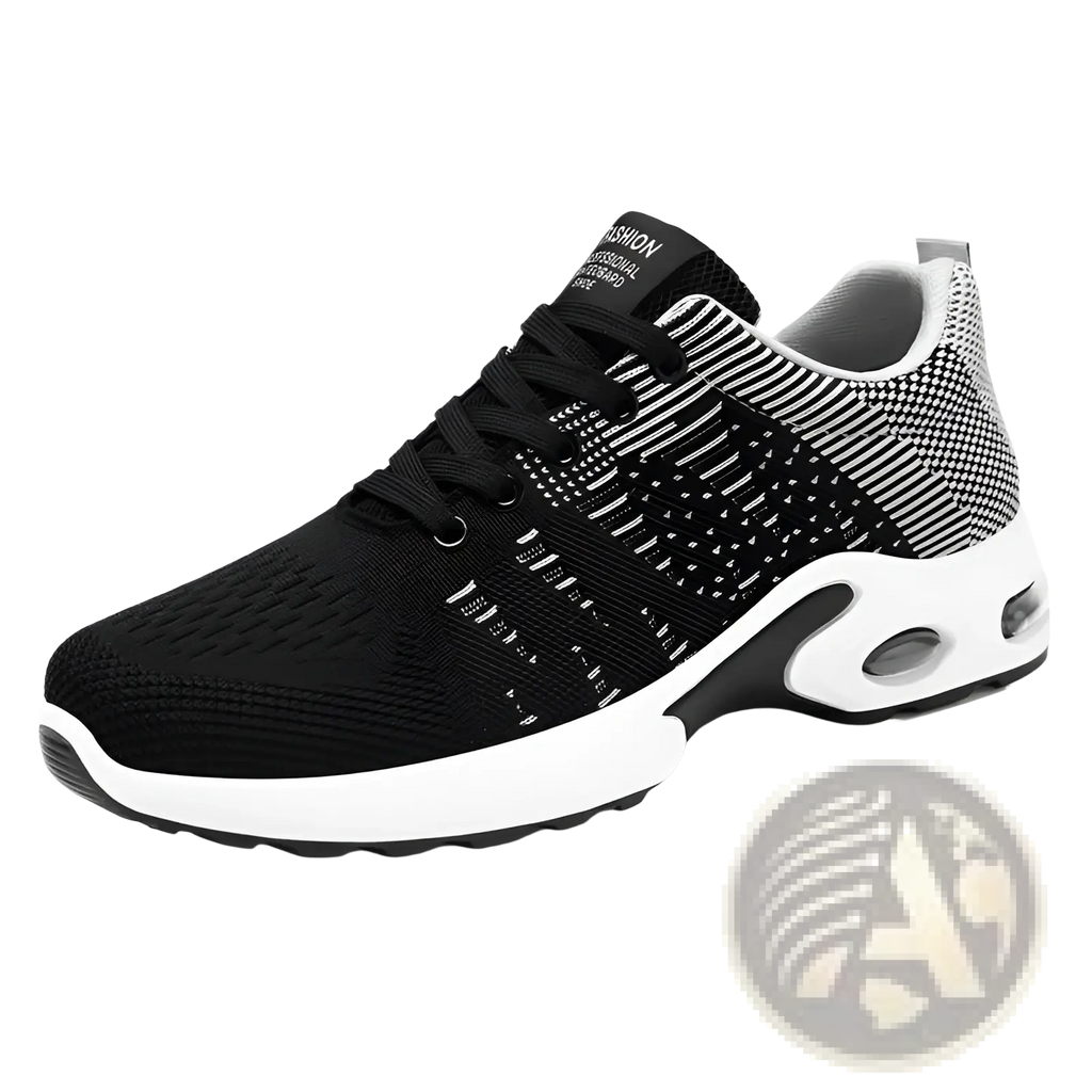 Men’s black and white flyknit mesh air cushion casual sneaker with breathable upper and visible air pocket midsole