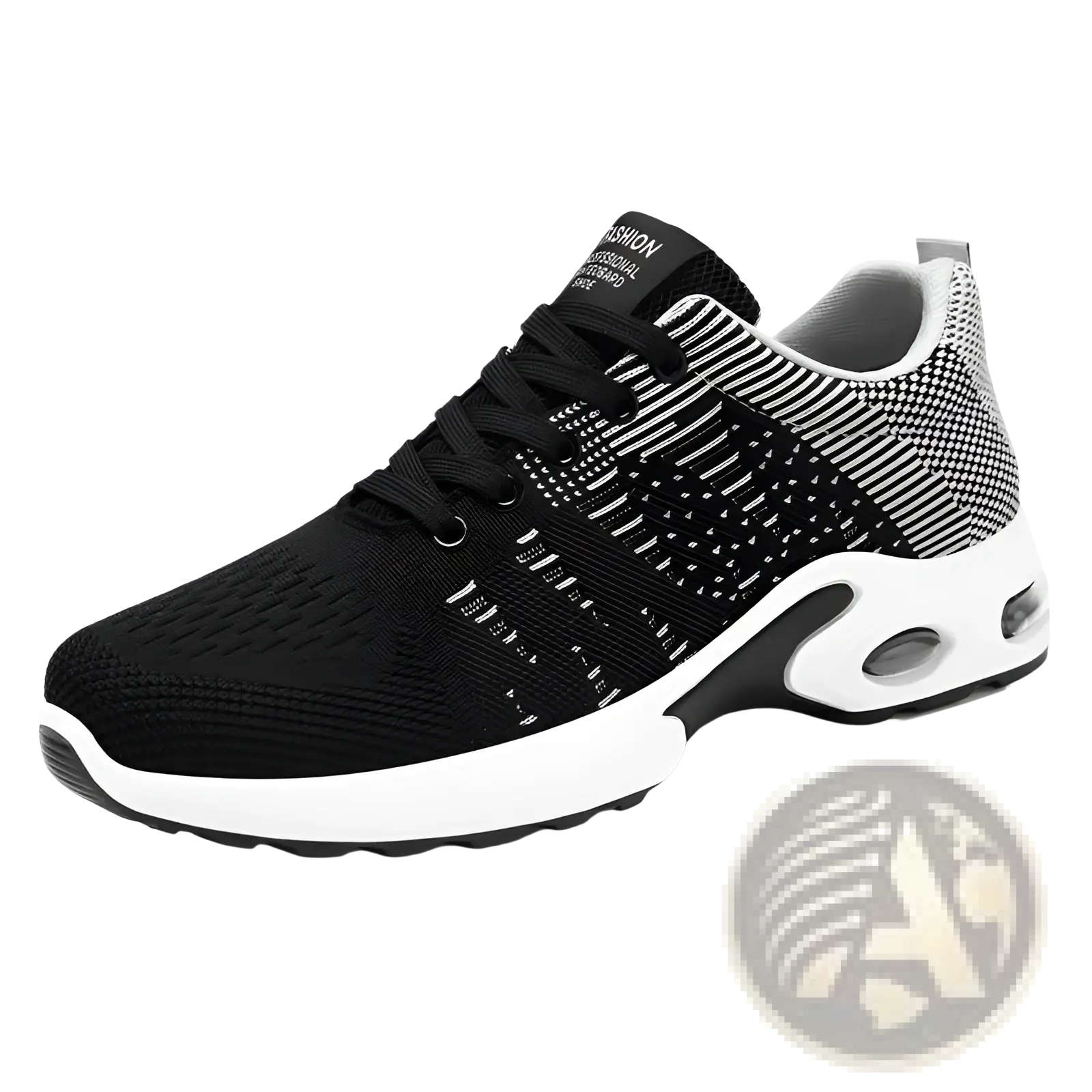 Men’s black and white flyknit mesh air cushion casual sneaker with breathable upper and visible air pocket midsole