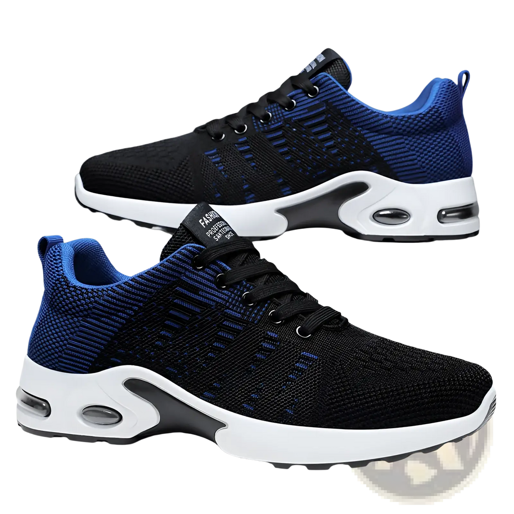 Men’s flyknit mesh air cushion casual sneakers in black and blue knit with white soles and visible air cushioning units