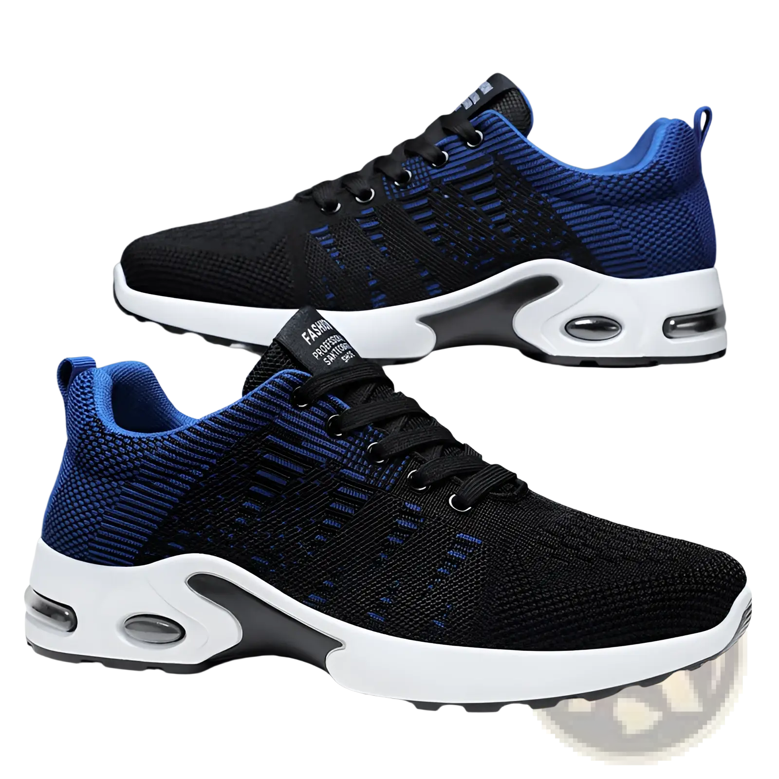 Men’s flyknit mesh air cushion casual sneakers in black and blue knit with white soles and visible air cushioning units