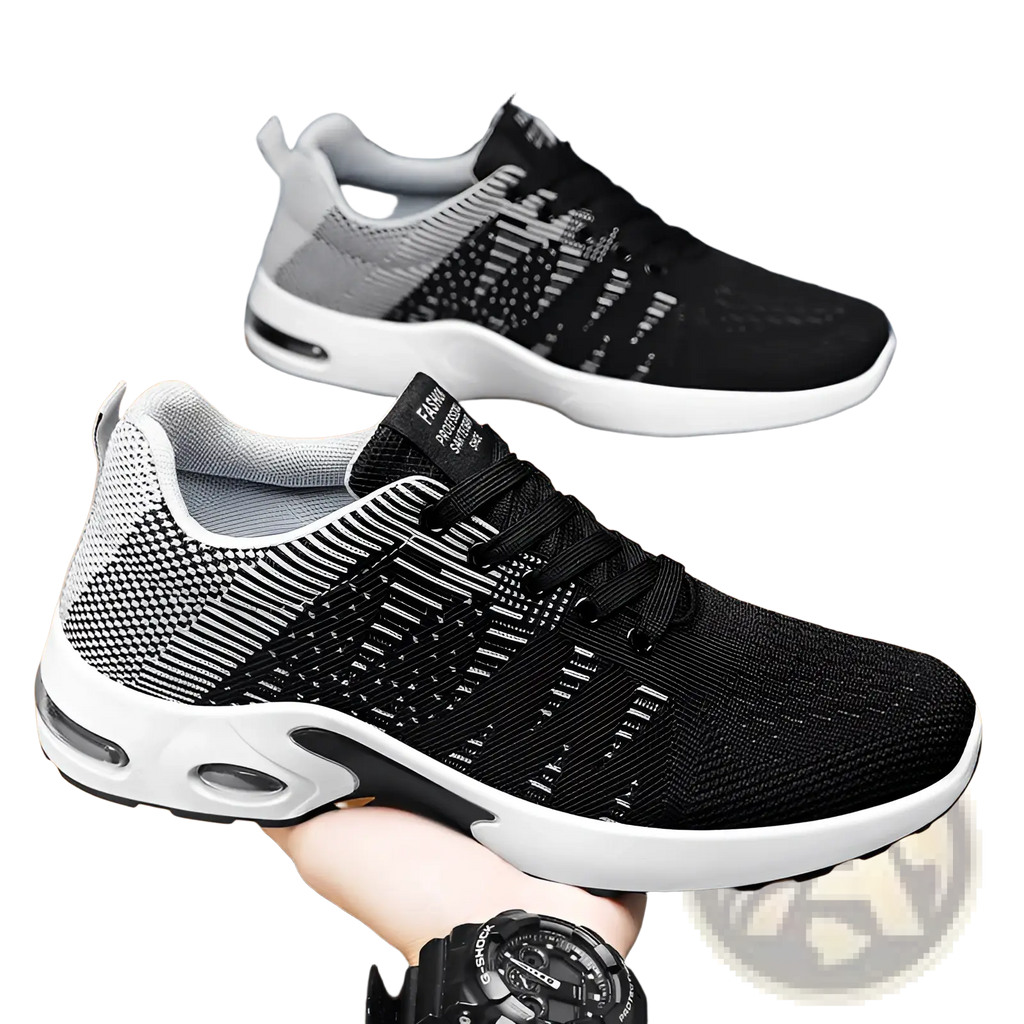 Men’s flyknit mesh air cushion casual sneakers in black and gray knit with a white air-cushioned sole