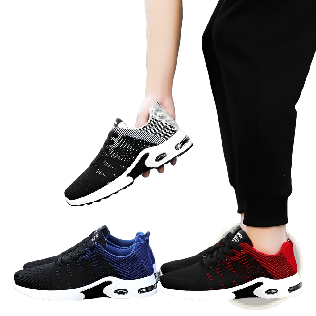 Men’s flyknit mesh air cushion casual sneakers in black knit with white midsole and blue or red heel accents back view