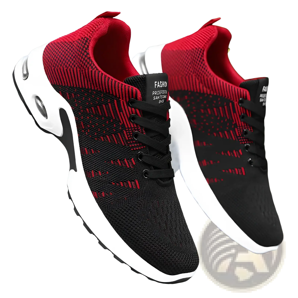 Men’s flyknit mesh air cushion casual sneakers in black and red knit with white midsole and black laces