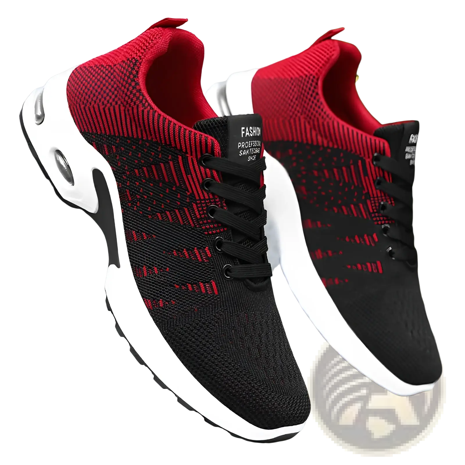 Men’s flyknit mesh air cushion casual sneakers in black and red knit with white midsole and black laces