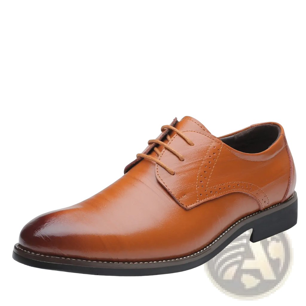 Men’s formal lace up plus size brown leather oxford shoe with polished finish and black sole for business use