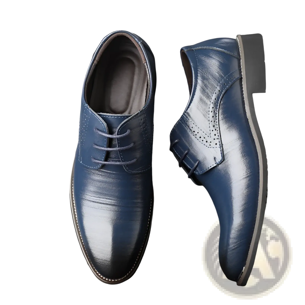 Men’s formal navy blue leather lace-up dress shoes with brogue detailing for plus size business wear