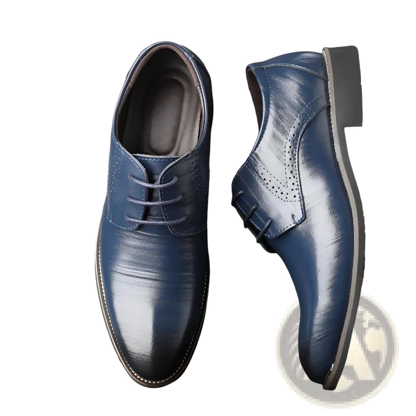 Men’s formal navy blue leather lace-up dress shoes with brogue detailing for plus size business wear