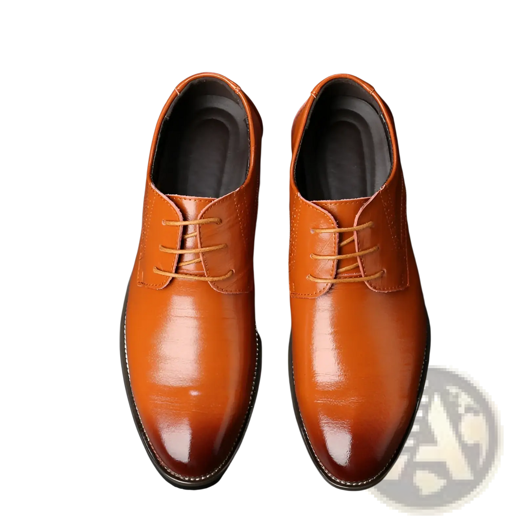 Polished brown leather lace-up dress shoes with pointed toe and matching laces for men formal business wear