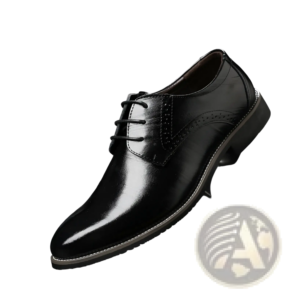Men’s formal black leather lace-up oxford shoe with brogue detailing and polished finish for business use