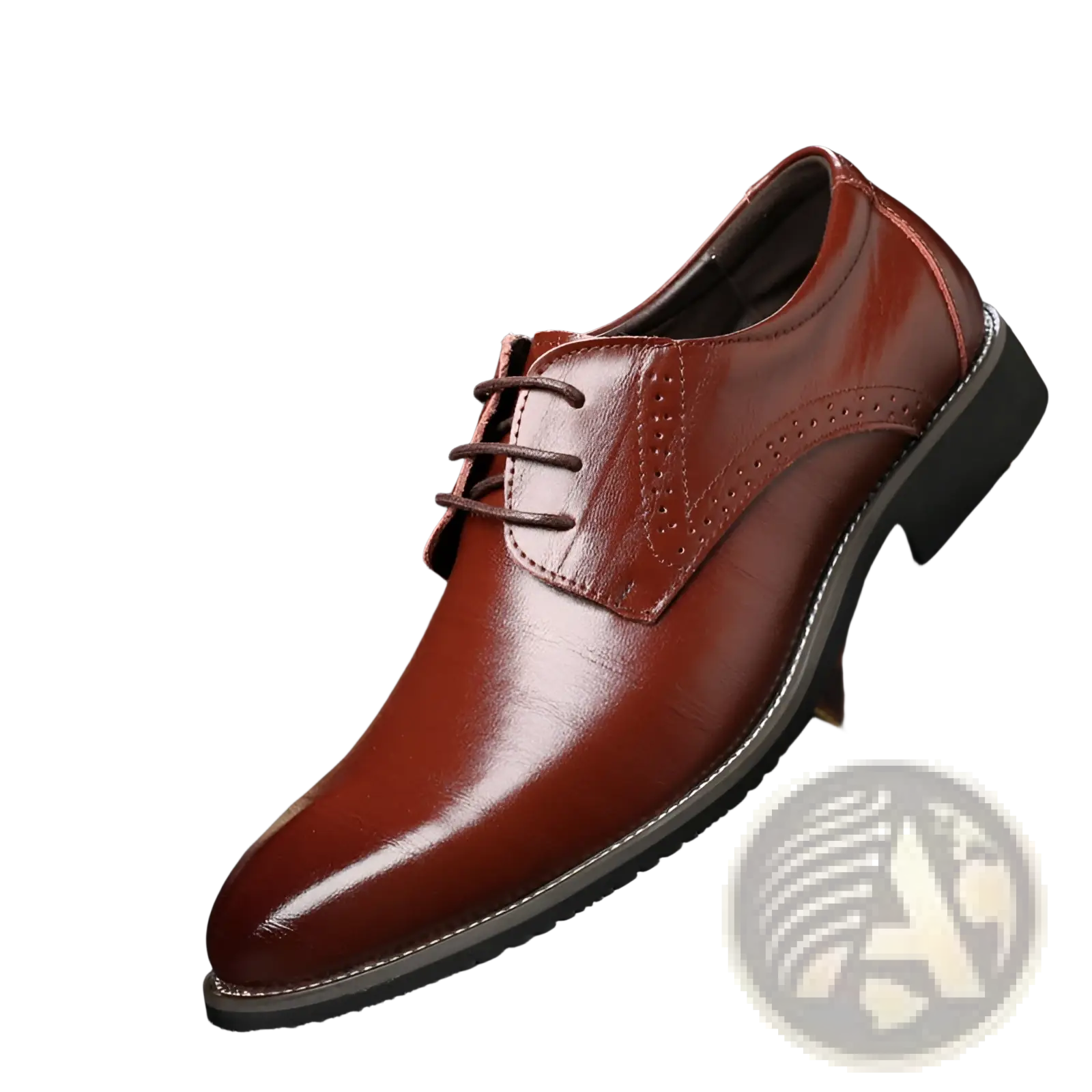 Men’s formal lace up plus size polished brown leather dress shoe with brogue detailing and black rubber sole
