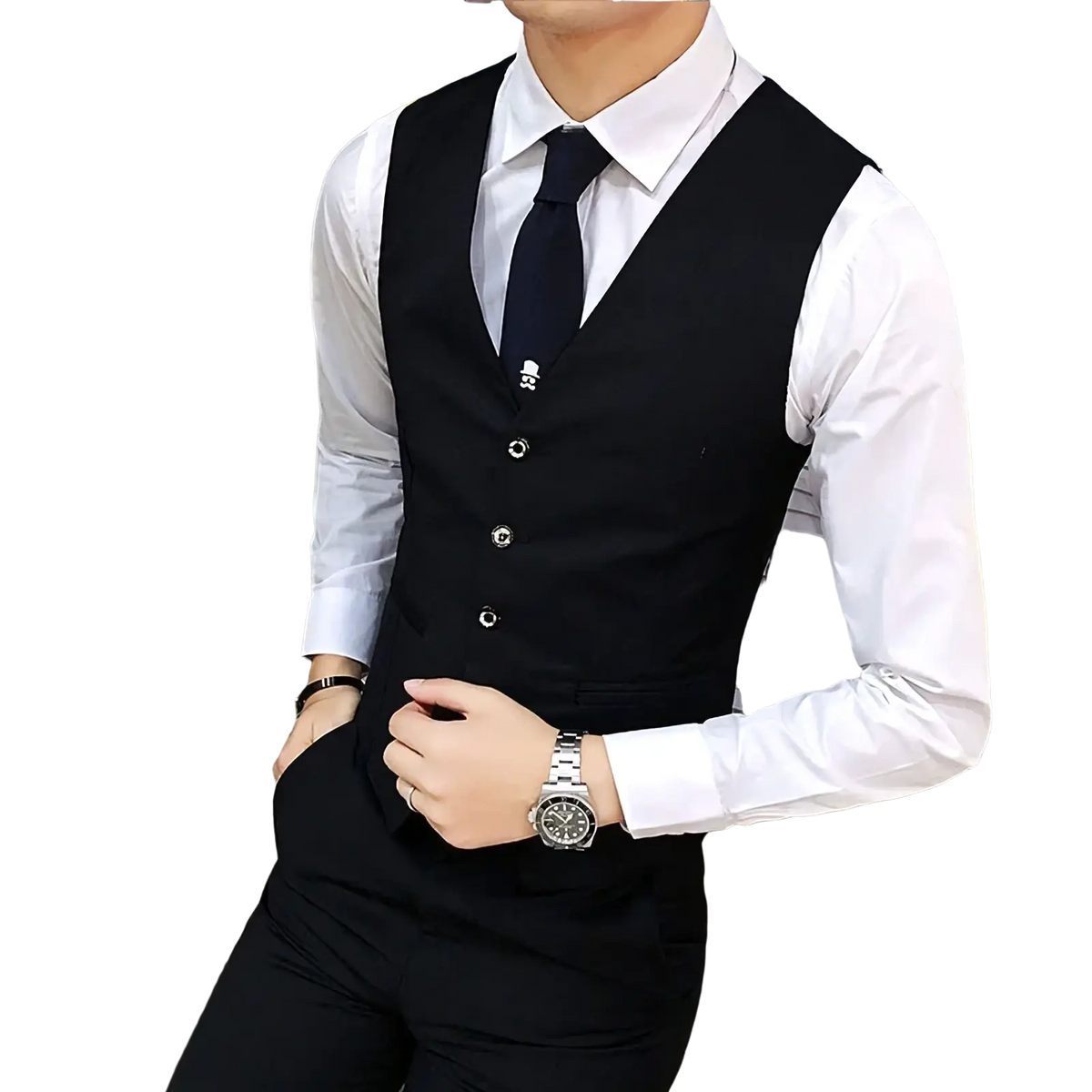 Men’s formal suit vest slim fit black with silver buttons and subtle skull emblem for business wear